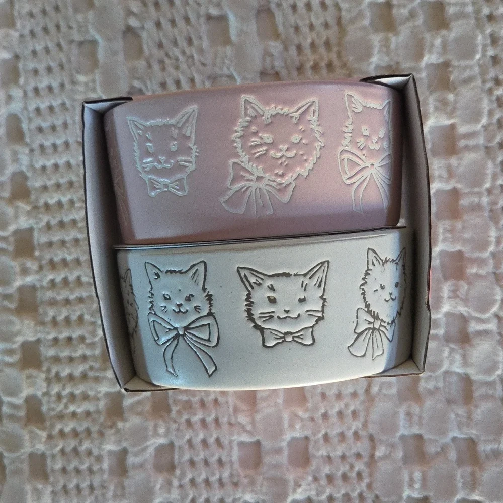 Mellow & Mod Coquette Cute Cats Small Ceramic Pet Bowls Dishes Set of Two